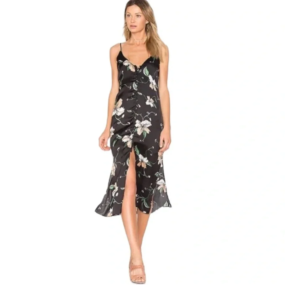 Bardot Black Hibiscus Floral Button Front Satin Midi Slip Dress Size 4
